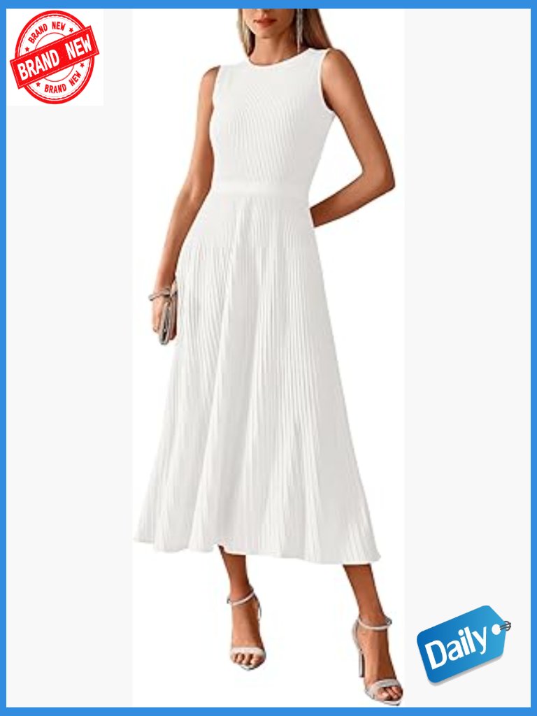 Midi Sweater Dress Sleeveless A-Line Pleated Business Casual Formal